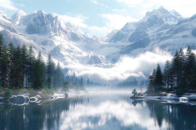 Snowy mountains and serene alpine lake