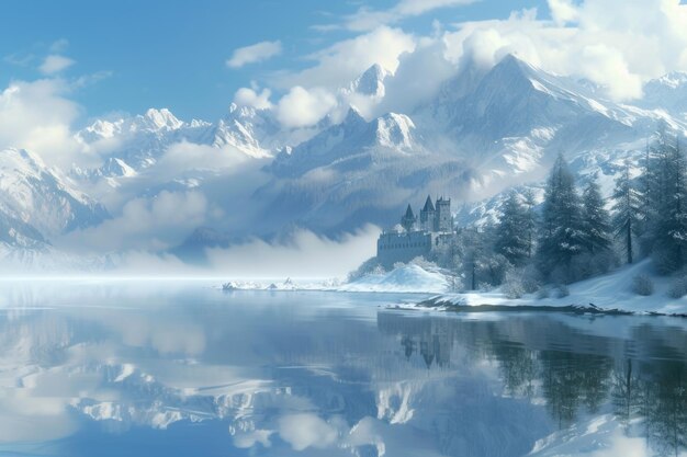 Photo snowy mountains and serene alpine lake