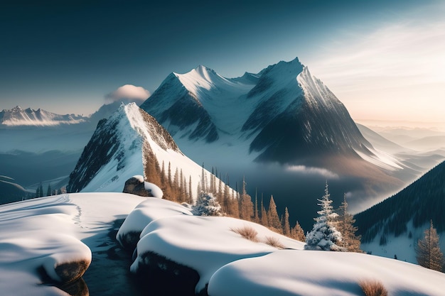 冬の雪に覆われた山々