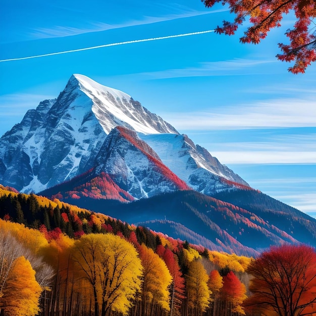 Snowy Mountains with Clear Sky and Autumn Forest in The Foreground Illustration