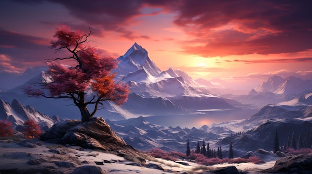 Snowy mountains with little tree at sunrise moment