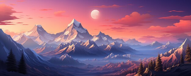 Snowy mountains with a pink sky