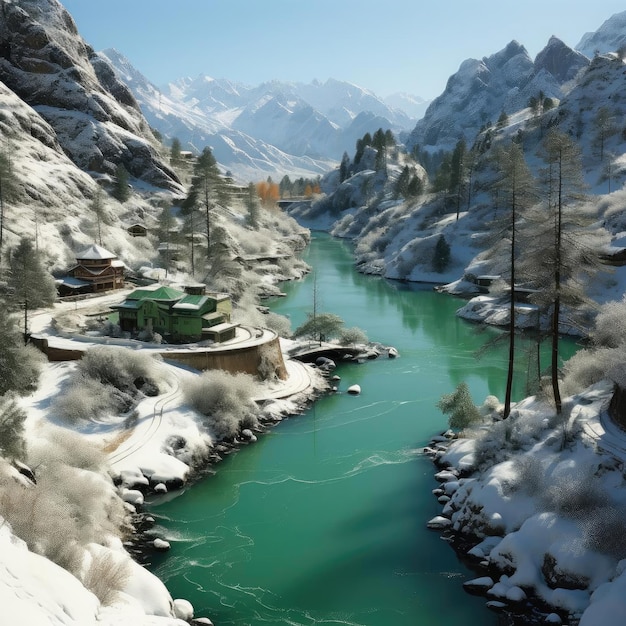 Snowy mountains with a river on a cold winter day