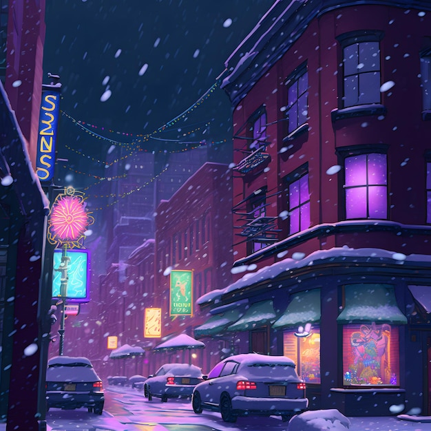街の通りの雪の夜 ニューラル ネットワークによって生成されたアート