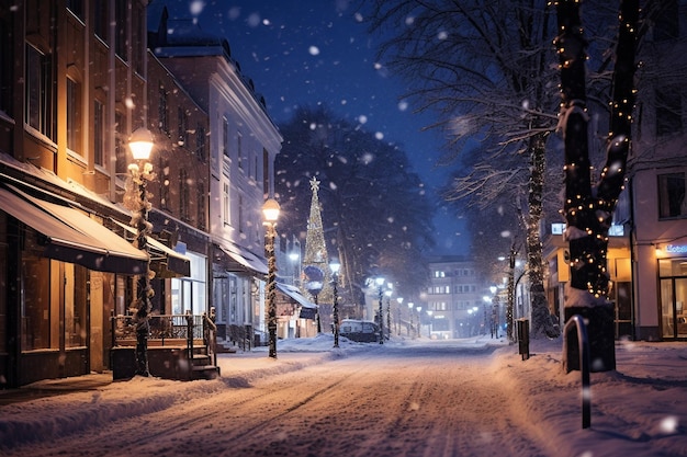 Снежная ночь в Финляндии. Городская улица Generative Ai