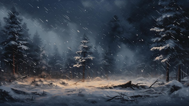 Snowy night scene trees snow falling down dead forest background rain artists rendition evening