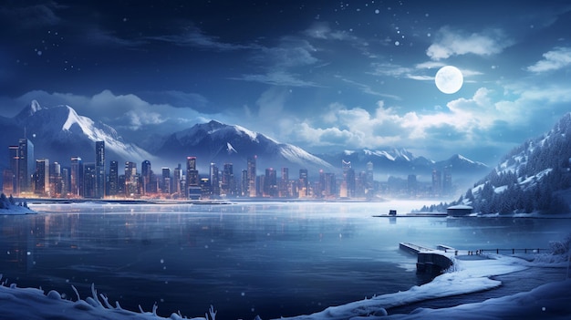Snowy night scene with a boat on the water and a city in the background generative ai