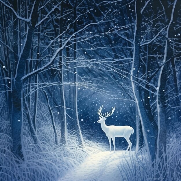 Snowy night scene with a deer in the woods and snow falling generative ai