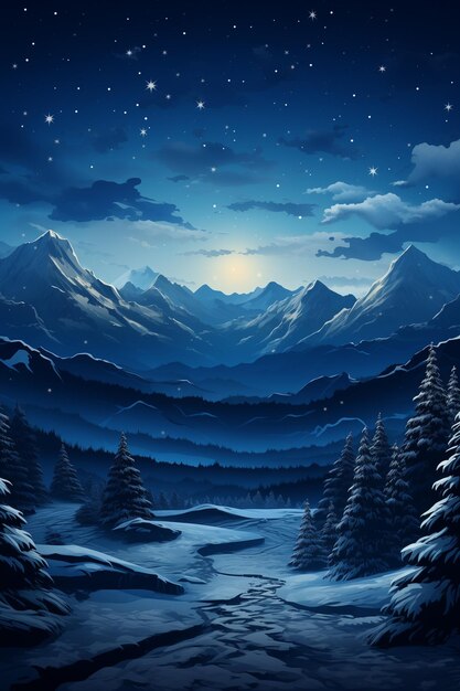 snowy night scene with a mountain range and a river generativ ai