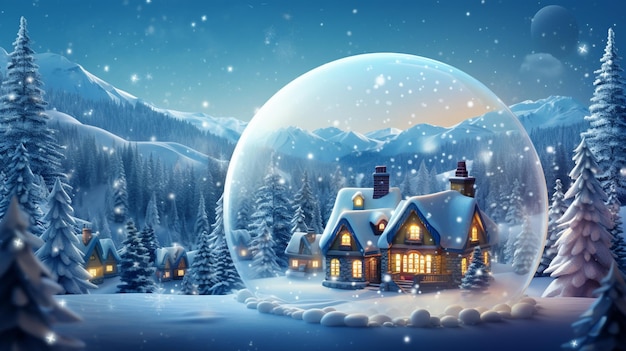 Снежная ночная сцена со снежным шаром и домом в середине генеративной ай