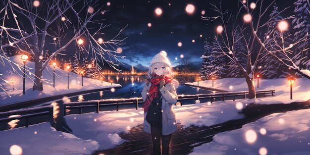 snowy night scene with a snowman in a snowy park generative ai