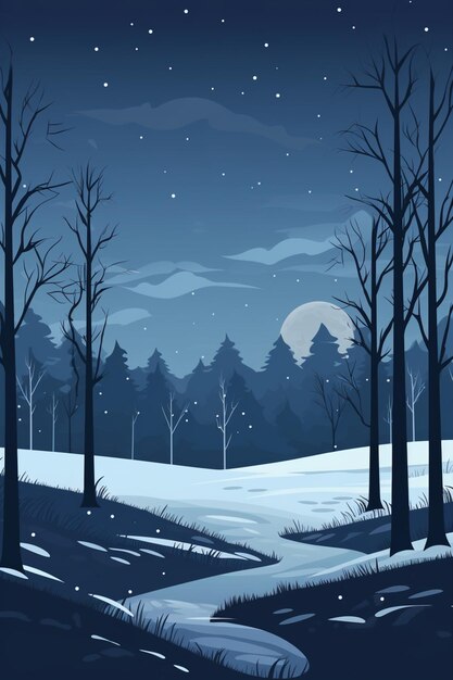 Снежная ночная сцена с деревьями и покрытой снегом землей