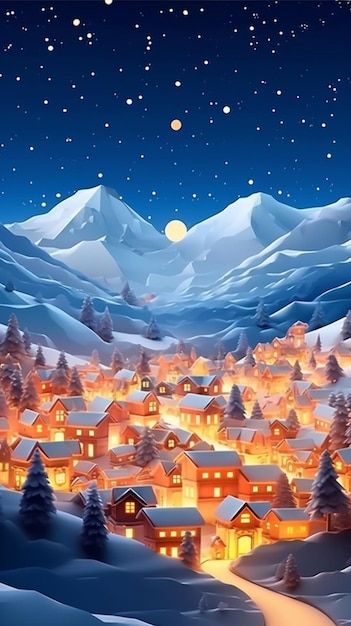 snowy night scene with a village and a mountain in the background generative ai