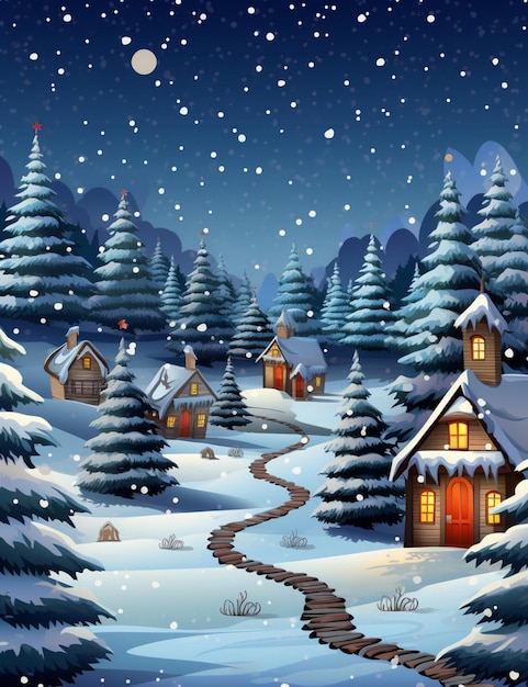 마을과 숲을 가로지르는 길이 있는 눈이 내린 밤의 장면