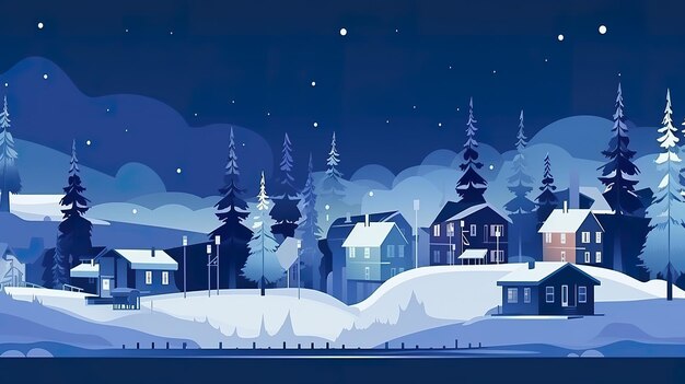 A snowy night with a village in the background AI generative image Norway winterscape