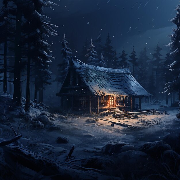 Snowy Old Hut in Dark Forest Landscape