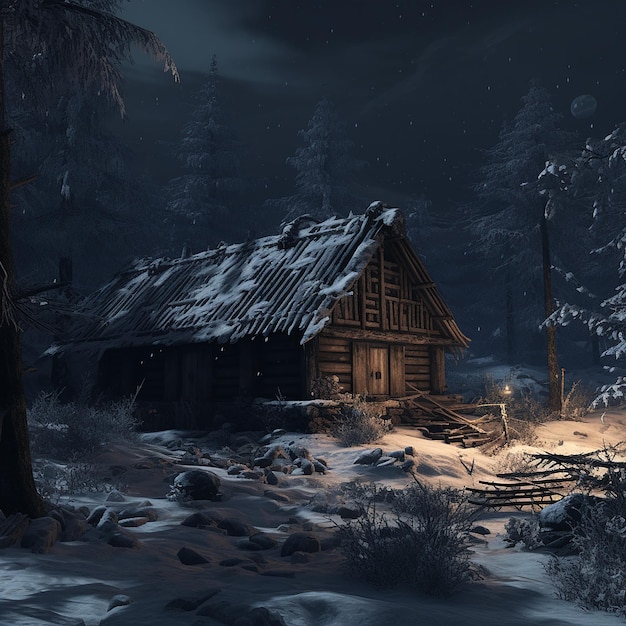 Snowy Old Hut in Dark Forest Landscape