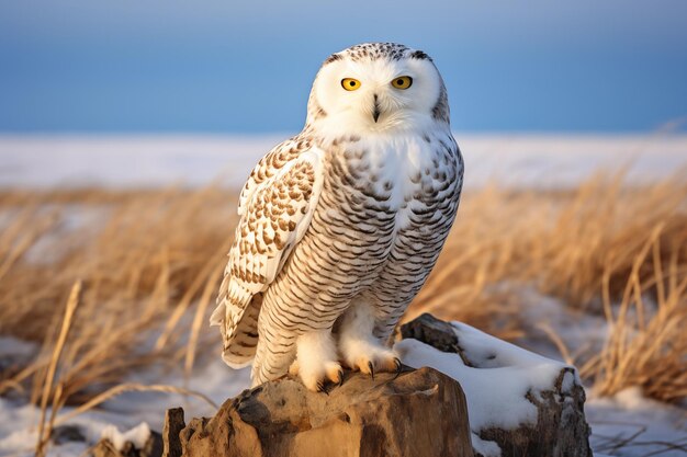 Snowy Owl Bubo scandiacus in winter arctic Tundra