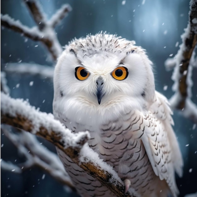 Snowy owl Bubo scandiacus in winter forest