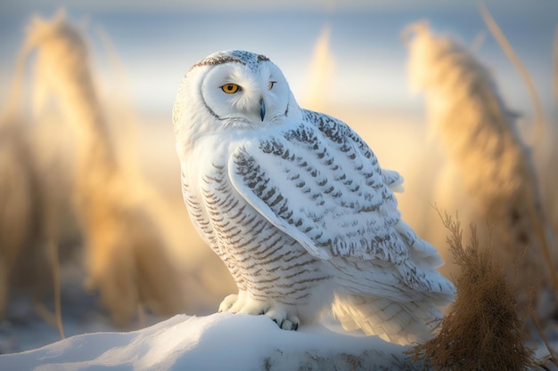 Snowy Owl Bubo Scandiacus with piercing yellow eyes AI Generation