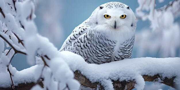 雪のオオカミの優雅さ 木の枝に座っている雪のオアミ