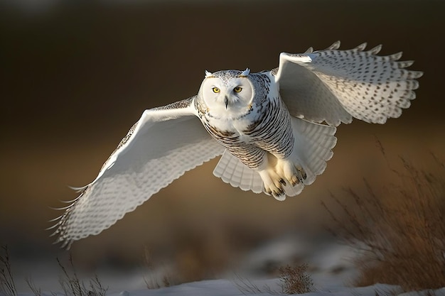 Photo snowy owl flying ai generation