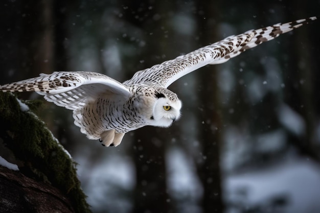 A snowy owl is flying in the air.