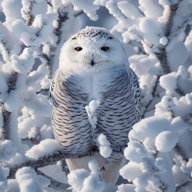 Photo a snowy owl is standing in the snow