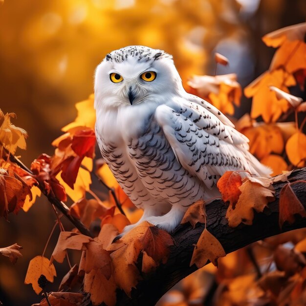 Photo snowy owl perched elegantly on a branch framed by a spectacular canopy of autumn leaves its charming eyes reflecting the gentle sunlight