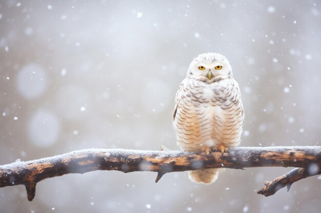 Photo snowy owl perched quietly on a branch during snowfall
