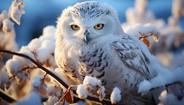 写真 aiによって生成された冬のカメラを見ている枝に座っている雪のオオカミ