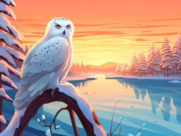 Снежная сова сидит на ветке перед озером, генеративный ИИ
