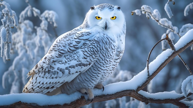 Snowy owl sitting on a branch in the snow