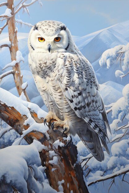 snowy owl sitting on a branch in a snowy forest generative ai