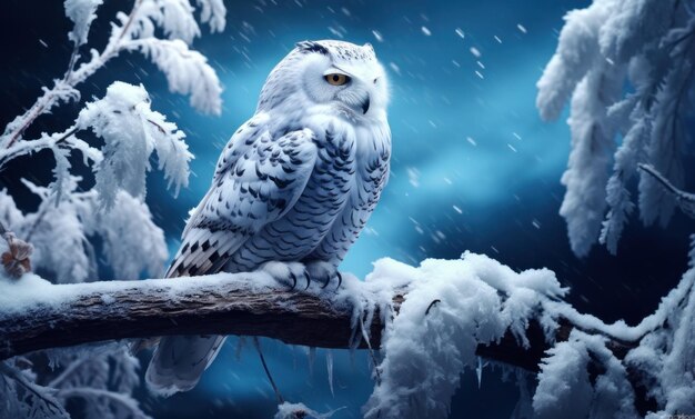 Photo snowy owl sitting on the branch of a tree covered in snow