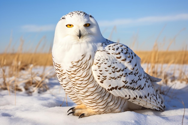 雪に覆われた野原の上に座っているシロフクロウ