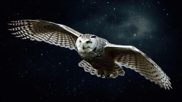 A Snowy Owl Soaring Through the Starry Night Generative AI