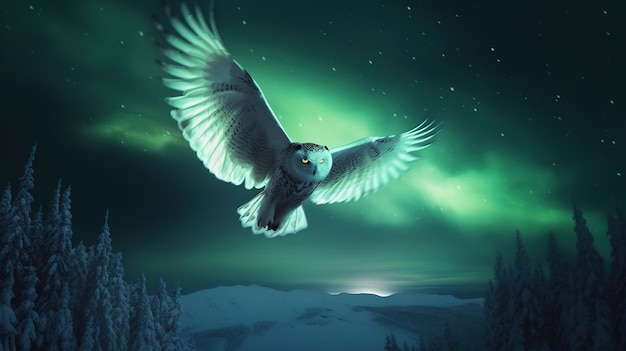 A Snowy Owl Soaring Through the Starry Night Generative AI