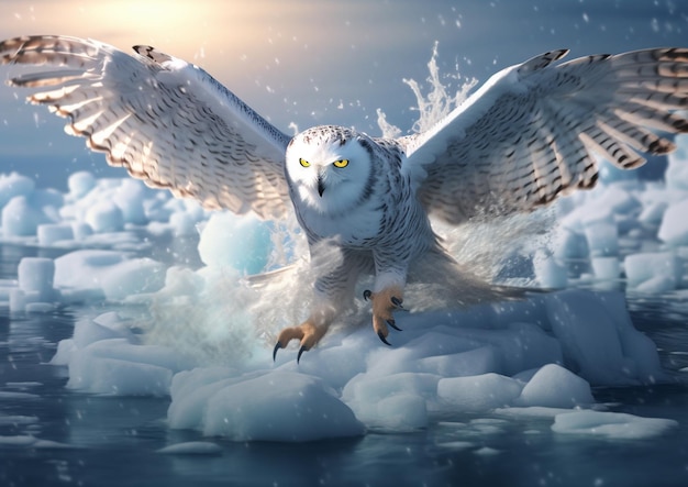 A snowy owl with yellow eyes is flying over ice