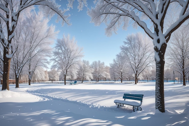 A snowy park with a bench and trees covered in snow.