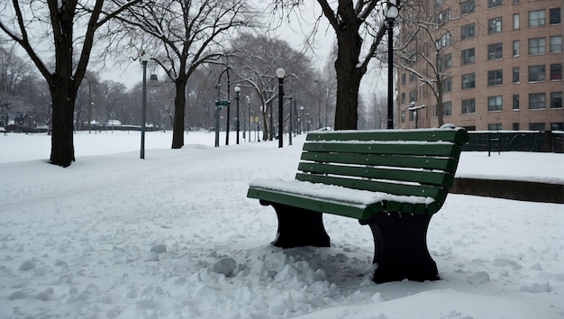 Photo a snowy park with a bench