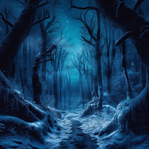 snowy path in a dark forest with a blue sky generative ai