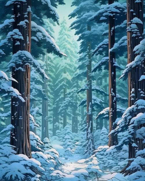 snowy path in a forest with trees and snow on the ground generative ai