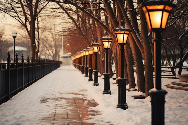 A snowy path lit by lanterns