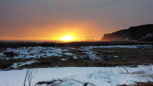 Snowy path in the mountains of Iceland at sunset