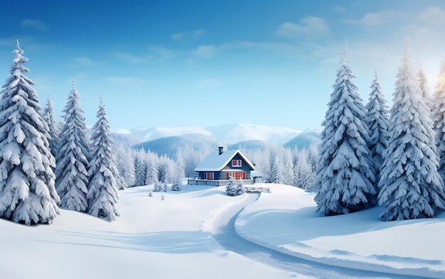 겨울 숲의 시골 집으로 가는 눈 인 길 개인 정보 보호 및 시골 휴가 개념