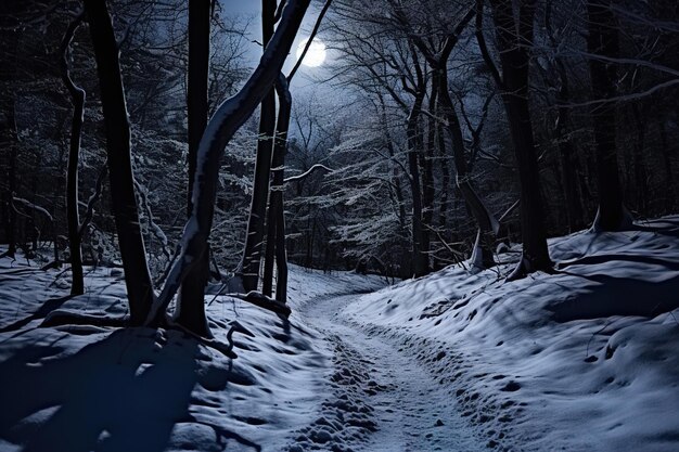 Photo a snowy path through a silent forest generative ai