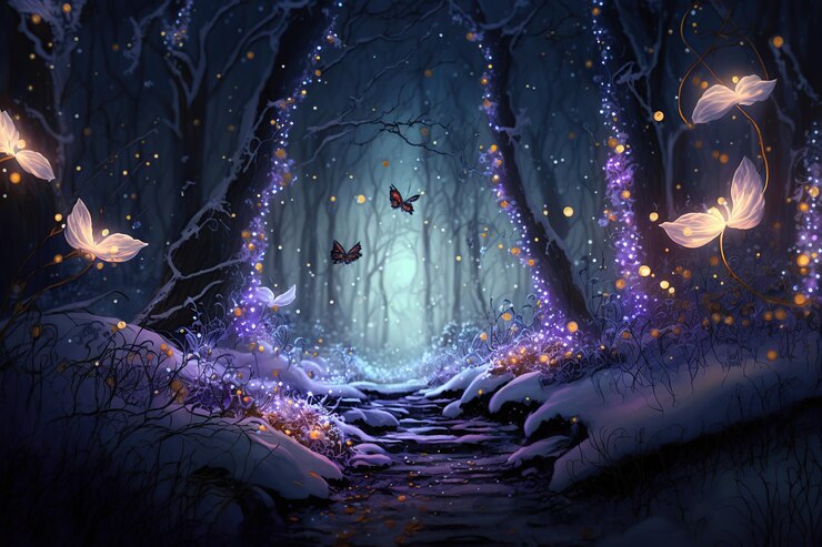 Photo snowy path in winter fairytale forest,  generative ai art. fantasy landscape.