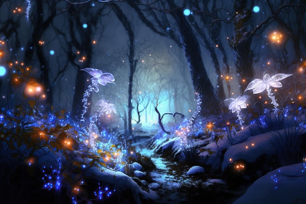 Snowy path in winter fairytale forest,  Generative Ai art. Fantasy landscape.