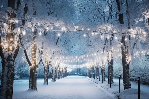 snowy path with lights and trees in the middle of it generative ai